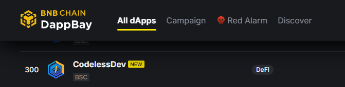 CodelessDev listed on BNB Chain's DappBay directory