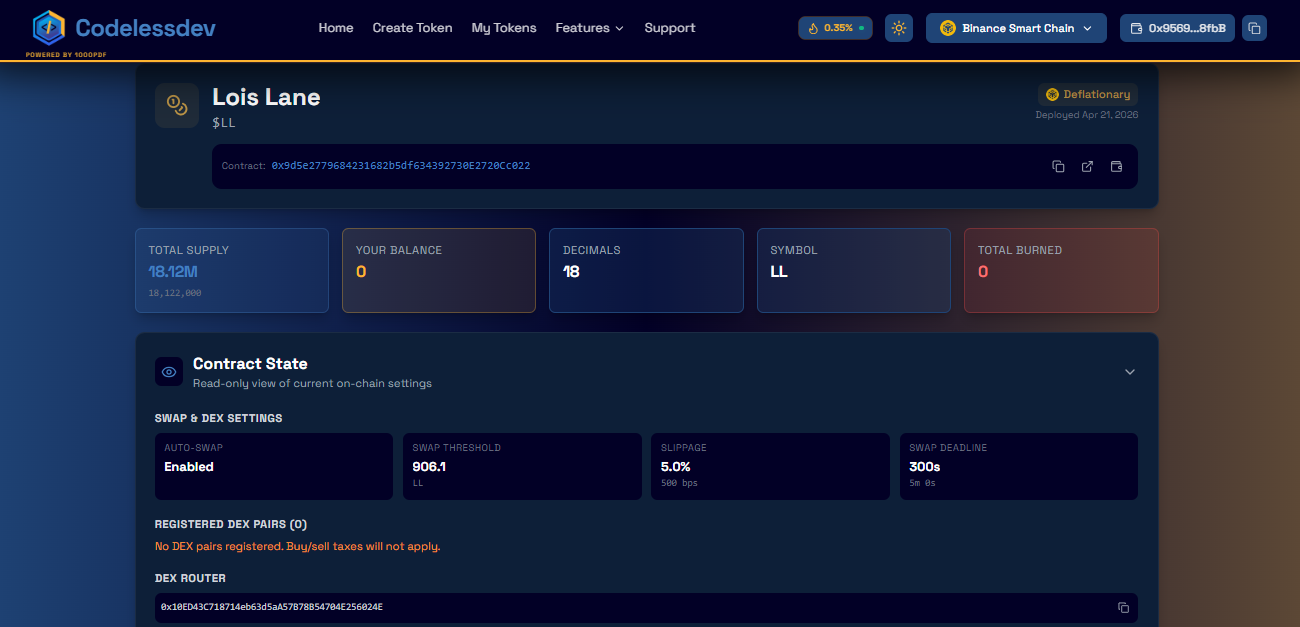 Codeless Dev token management dashboard showing supply, balance, decimals, burned and contract state
