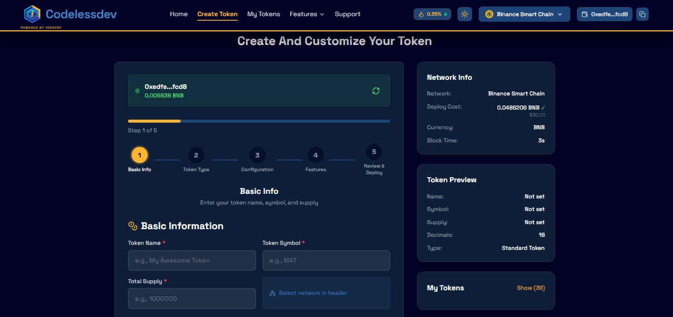 Codeless Dev wizard Step 1 of 5 — Basic Info: token name, symbol, supply, with connected wallet and live deploy-cost sidebar