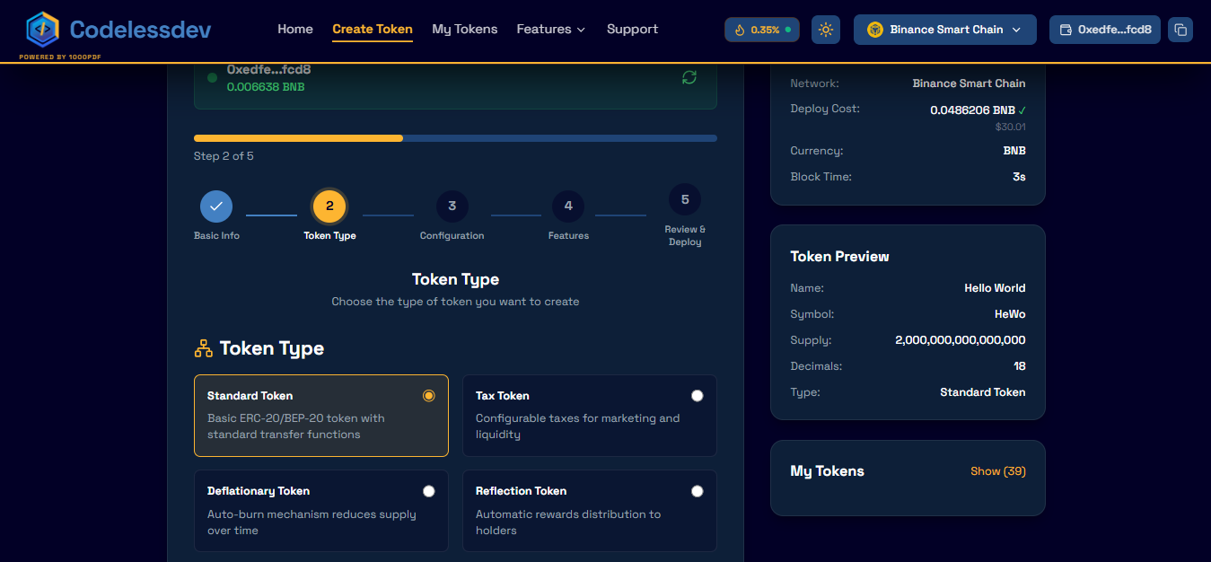 Codeless Dev wizard Step 2 — choosing token type (Standard, Tax, Deflationary, Reflection)